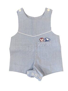 Vintage Bryan Baby Boy Seersucker Jon Jon Romper 3-6M Blue Stripe Tool Embroider